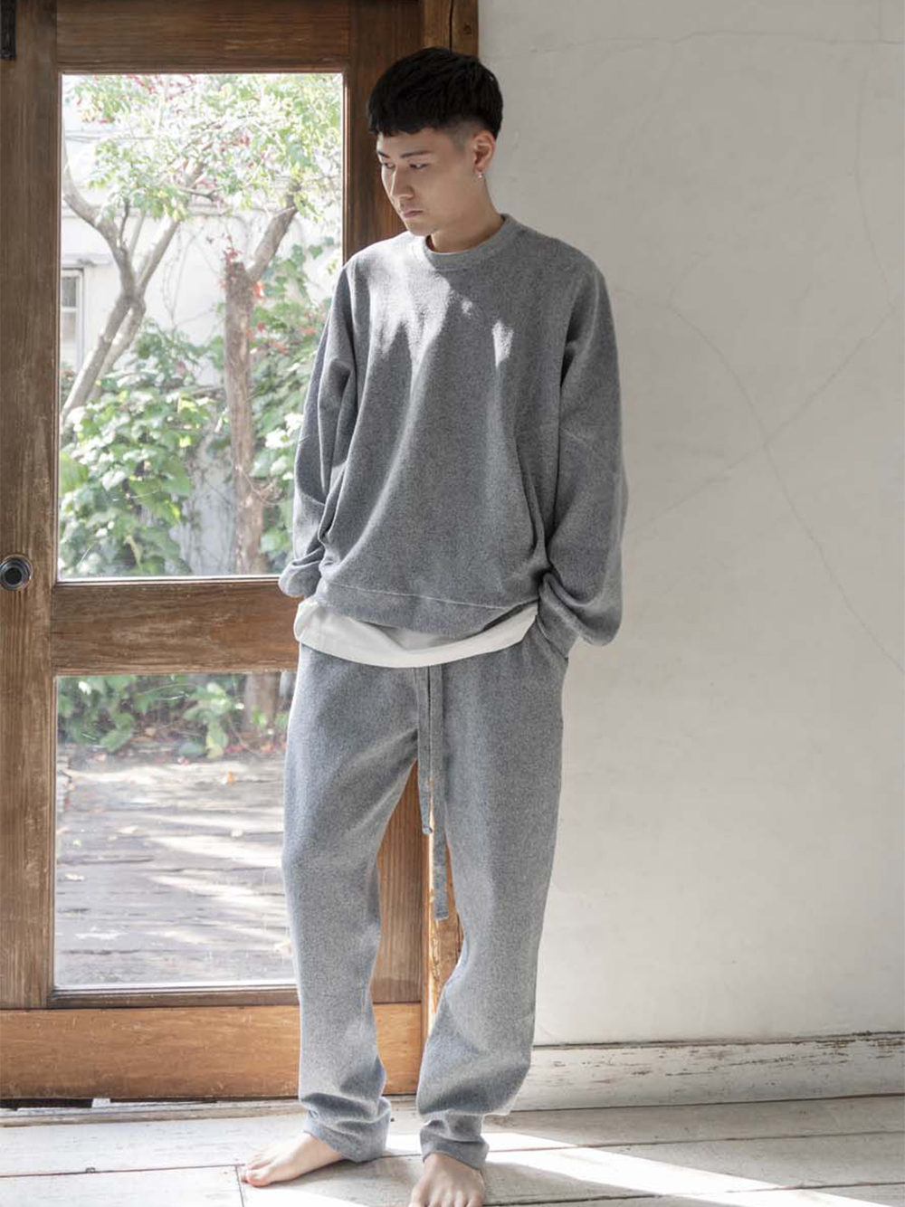 【 UNISEX 】シルク×和紙糸 クルーポケットプルオーバー / 杢ブルー