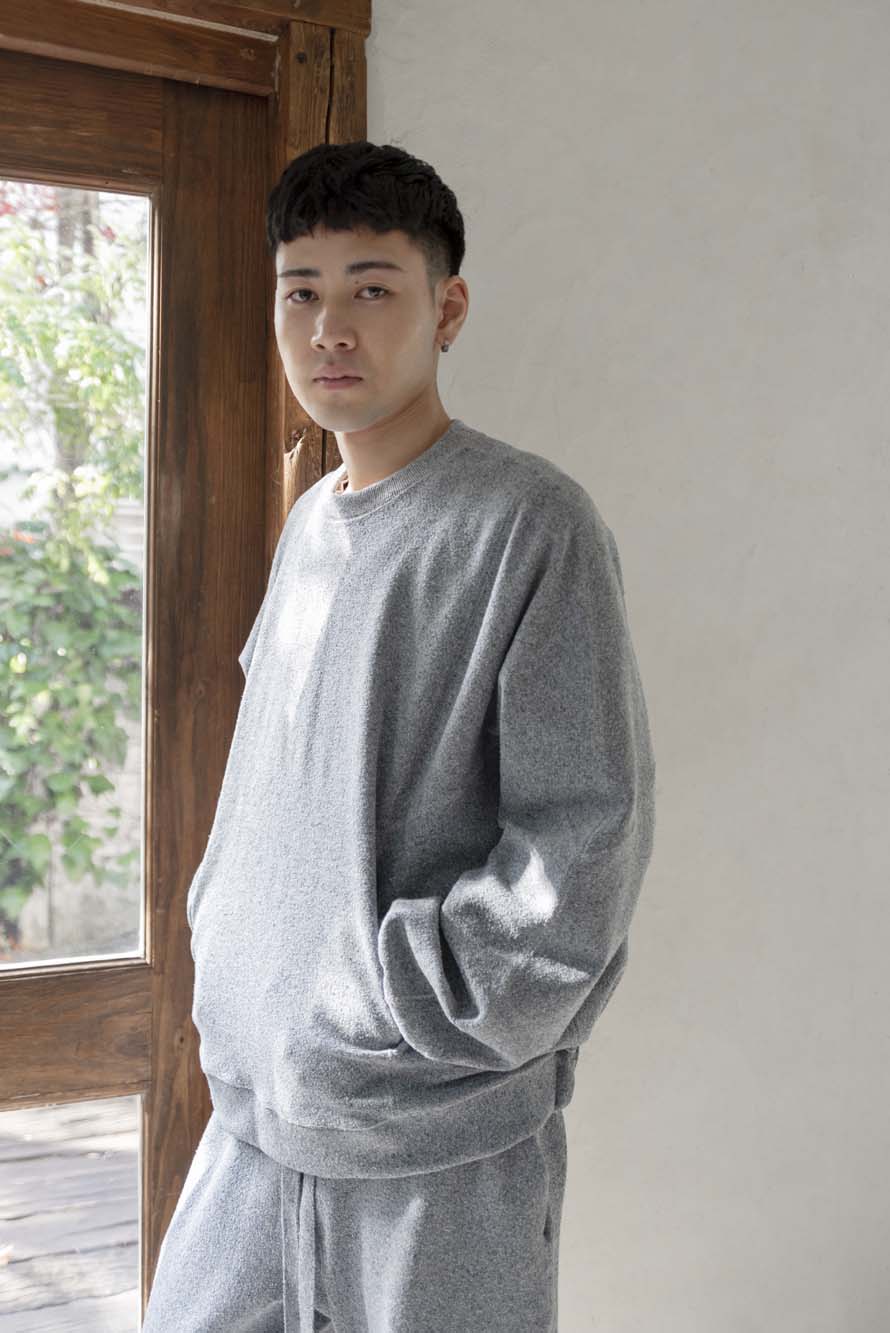 【 UNISEX 】シルク×和紙糸 クルーポケットプルオーバー / 杢ブルー