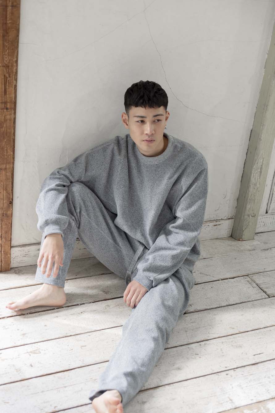 【 UNISEX 】シルク×和紙糸 クルーポケットプルオーバー / 杢ブルー