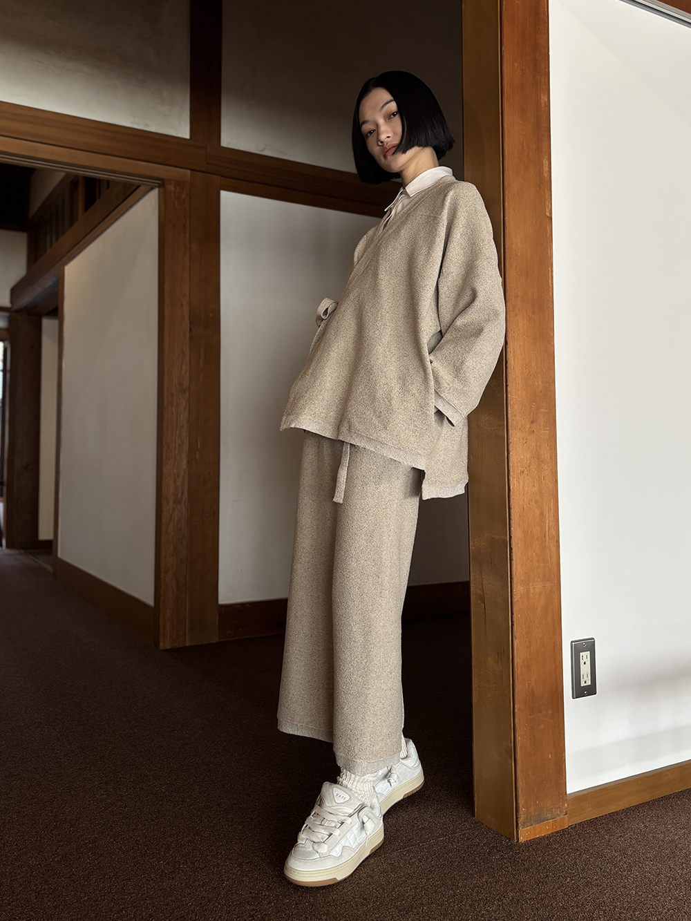 【 UNISEX 】シルク×和紙糸 作務衣上着 / ベージュ