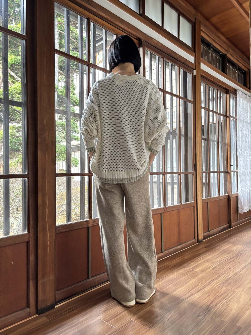 リネンシルク ニットバレルパンツ / 杢オリーブ