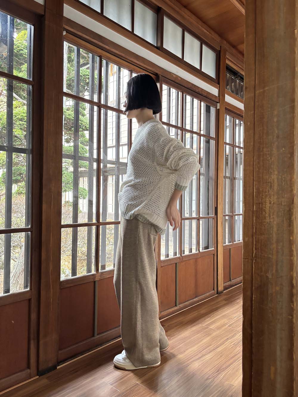 リネンシルク ニットバレルパンツ / 杢オリーブ