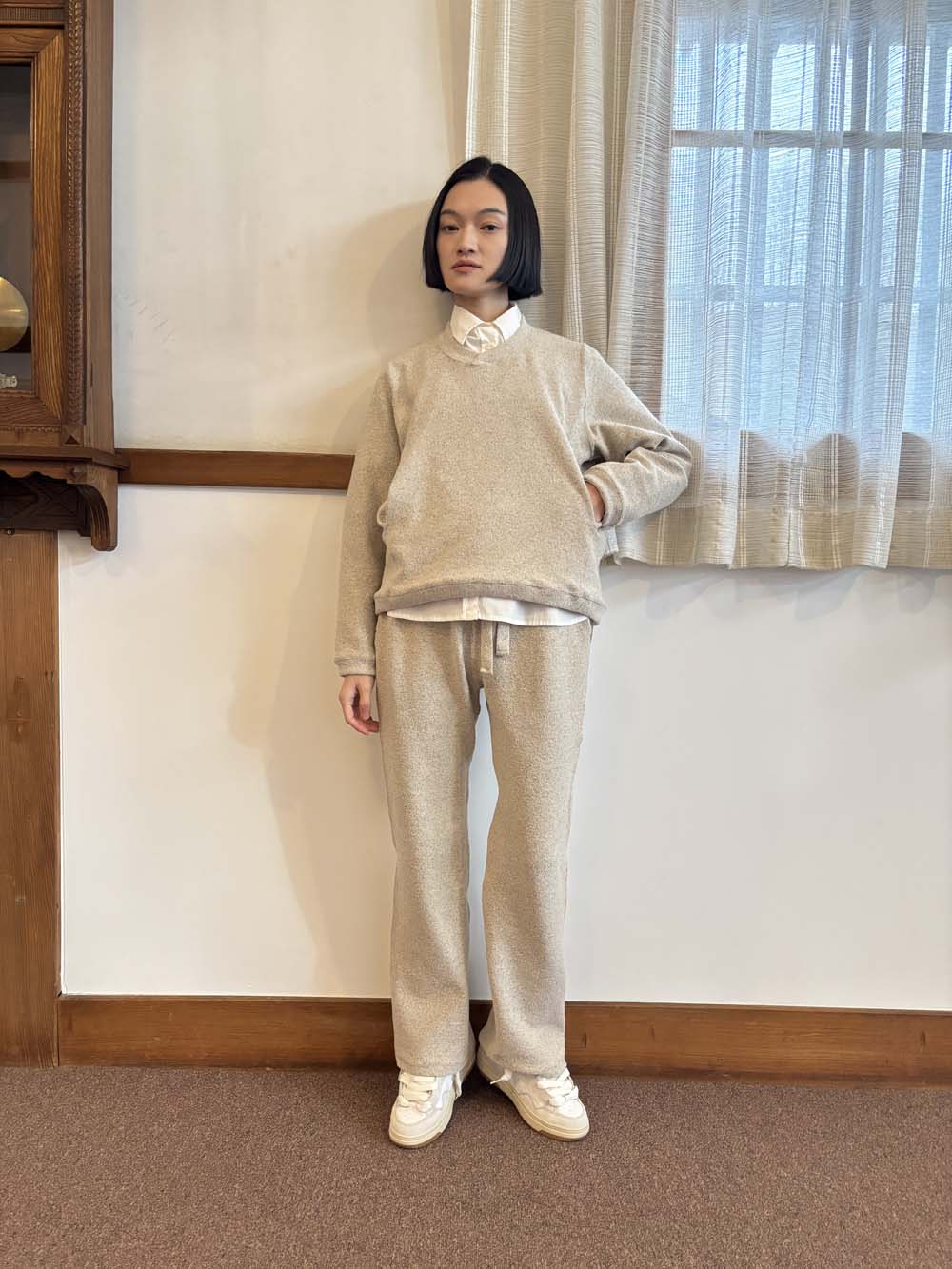 シルク×和紙糸 重ねVネックチビプルオーバー  / ベージュ