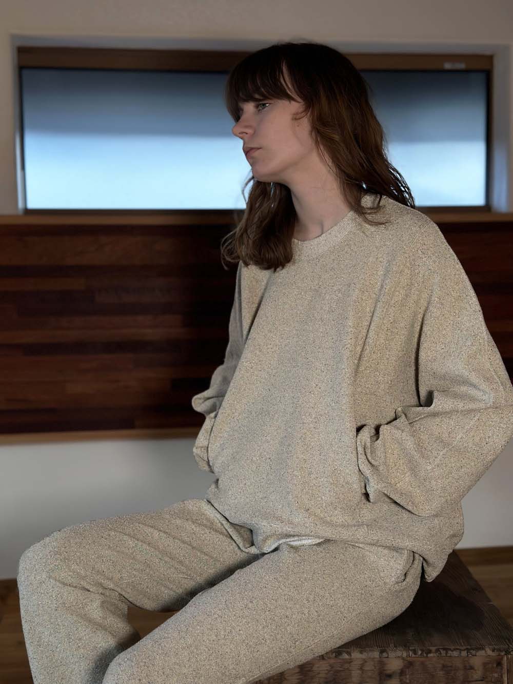 【 UNISEX 】シルク×和紙糸 クルーポケットプルオーバー / 杢ベージュ