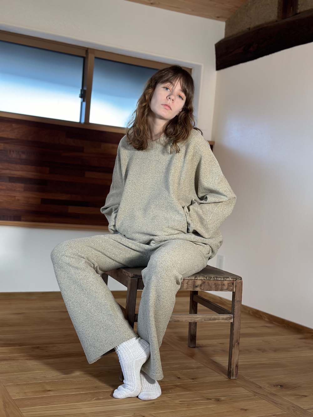 シルク×和紙糸 ソフトブーツカットパンツ / 杢ベージュ✖️カラーネップ入り