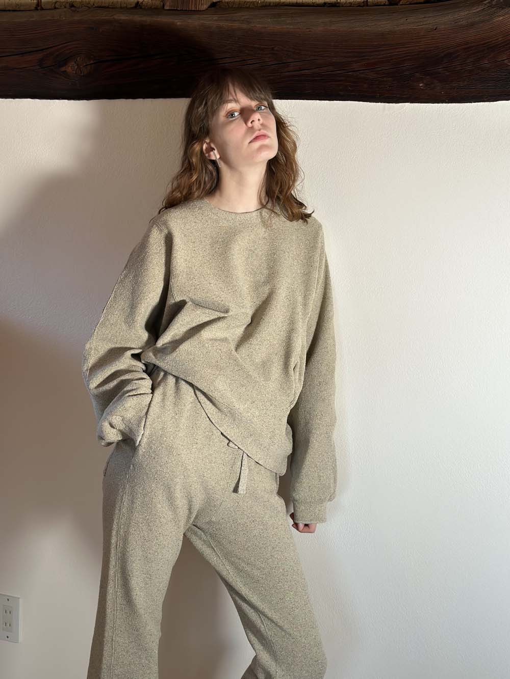 【 UNISEX 】シルク×和紙糸 クルーポケットプルオーバー / 杢ベージュ